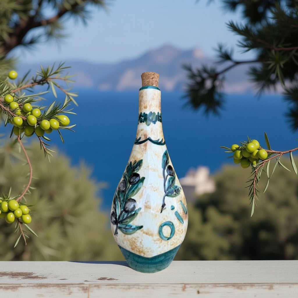 Handgemaakte olijfoliefles, 1 liter van Poppie Art Samos (créme)