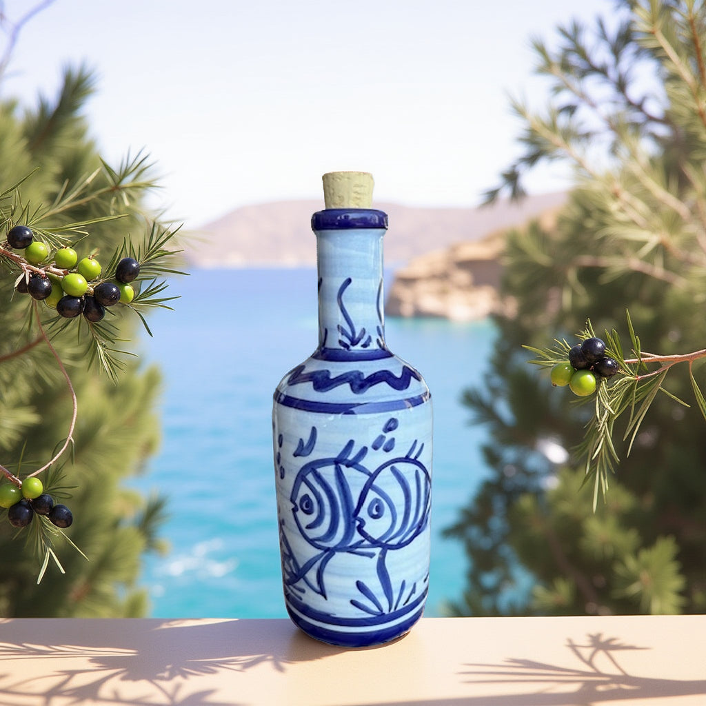 Poppie Art Samos – Handgemaakte Olijfoliefles 250 ml, blauwe vissen