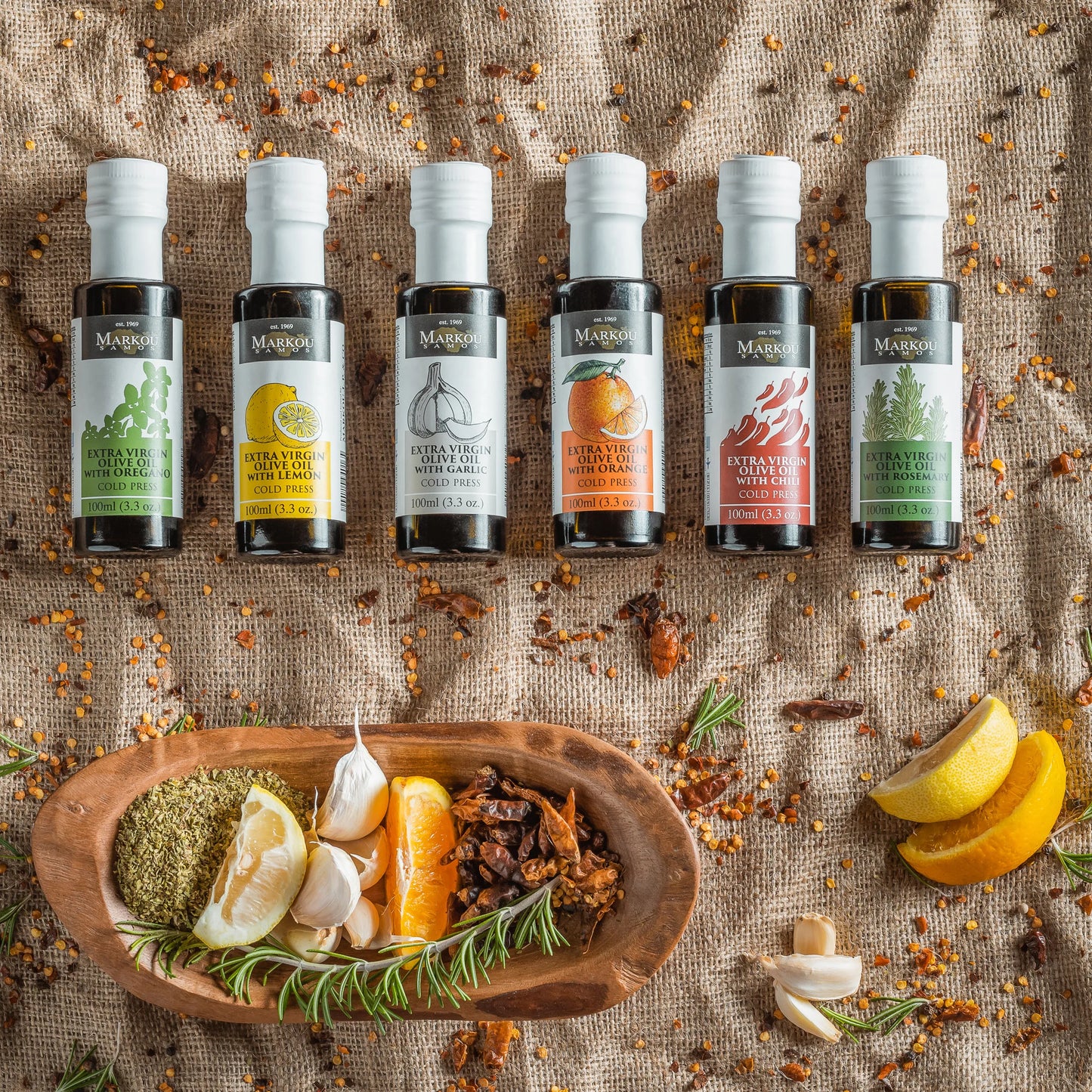 Luxury Greek Gift Set: Markou Samos Olive Oil with Orange, Garlic, Oregano, Rosemary & Traditional Olive Soap