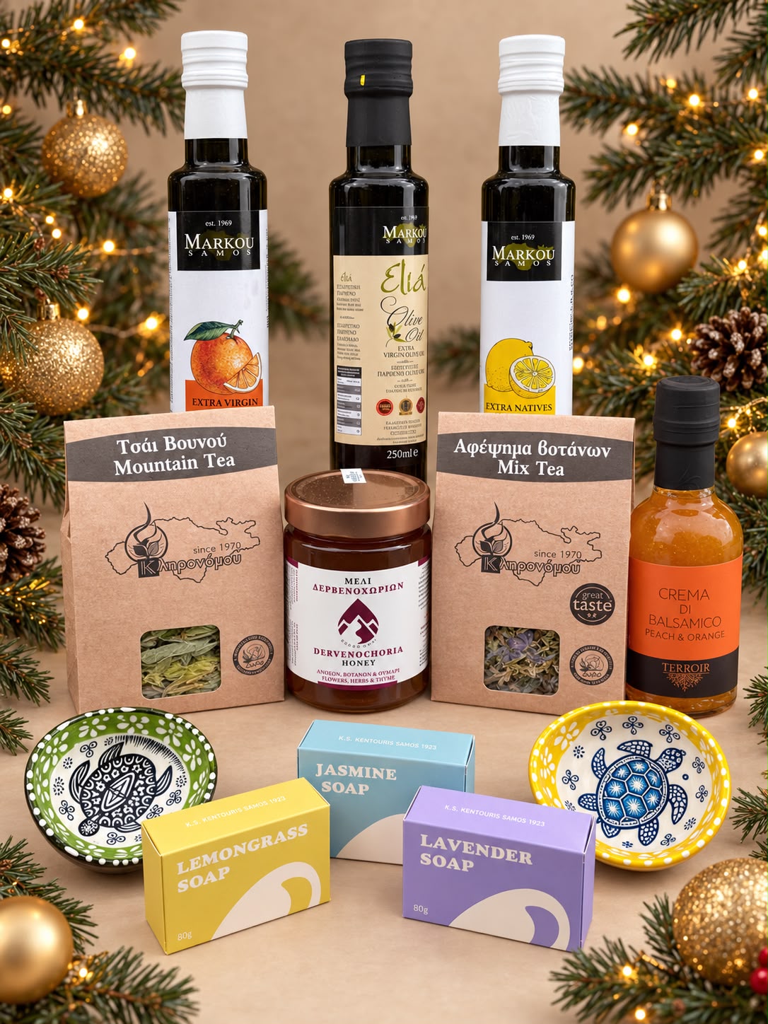 Grieks Kerstpakket Mediterrane Sferen – Olijfolie, Honing, Thee & Olijfzeep