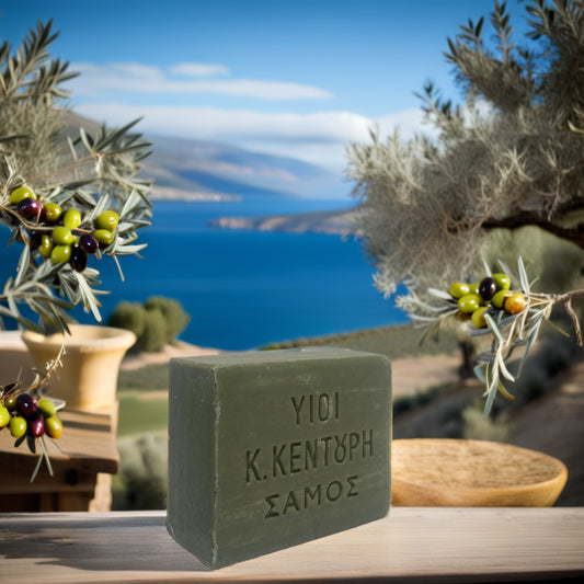Traditionele groene olijfzeep  van K.S. Kentouris Soap Factory Samos 100 gram (eind juni 2025 verkrijgbaar)