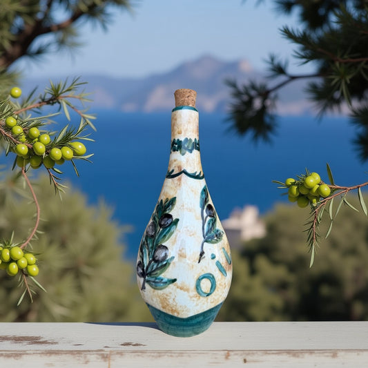 Handgemaakte olijfoliefles, 1 liter van Poppie Art Samos (créme)