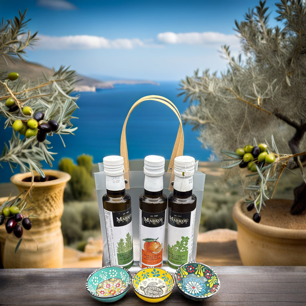 Grieks Olijfolie Cadeaupakket – 3 Smaken & 3 Kleurrijke Schaaltjes | Markou Samos