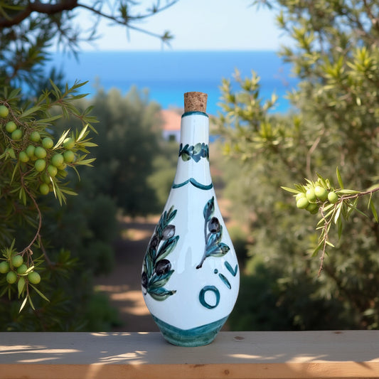Handgemaakte olijfoliefles, 1 liter van Poppie Art Samos (groen)