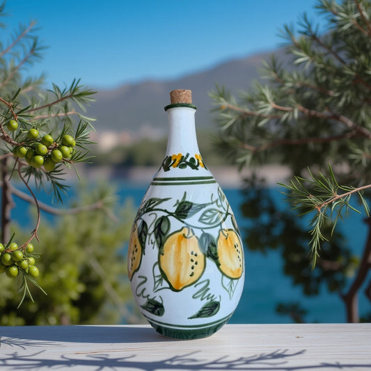 Handgemaakte olijfoliefles, 1,5 liter van Poppie Art Samos citroenen