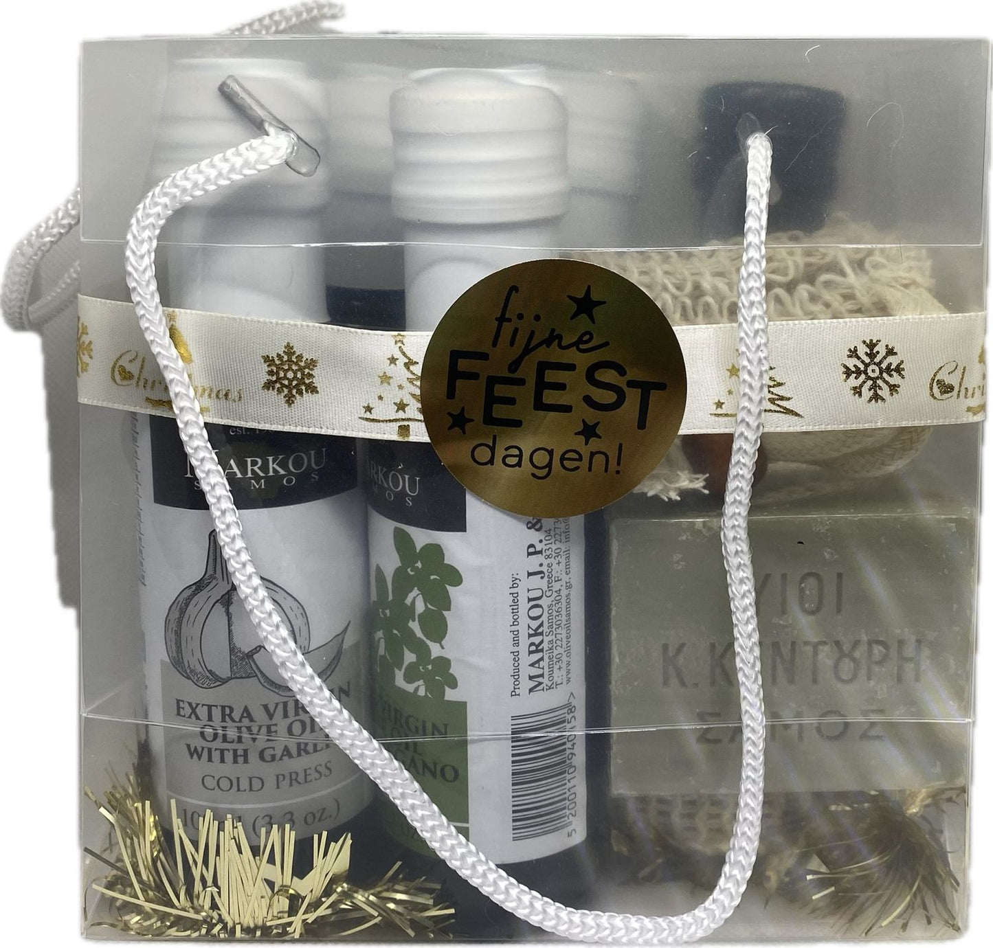 Luxury Greek Gift Set: Markou Samos Olive Oil with Orange, Garlic, Oregano, Rosemary &amp; Traditional Olive Soap