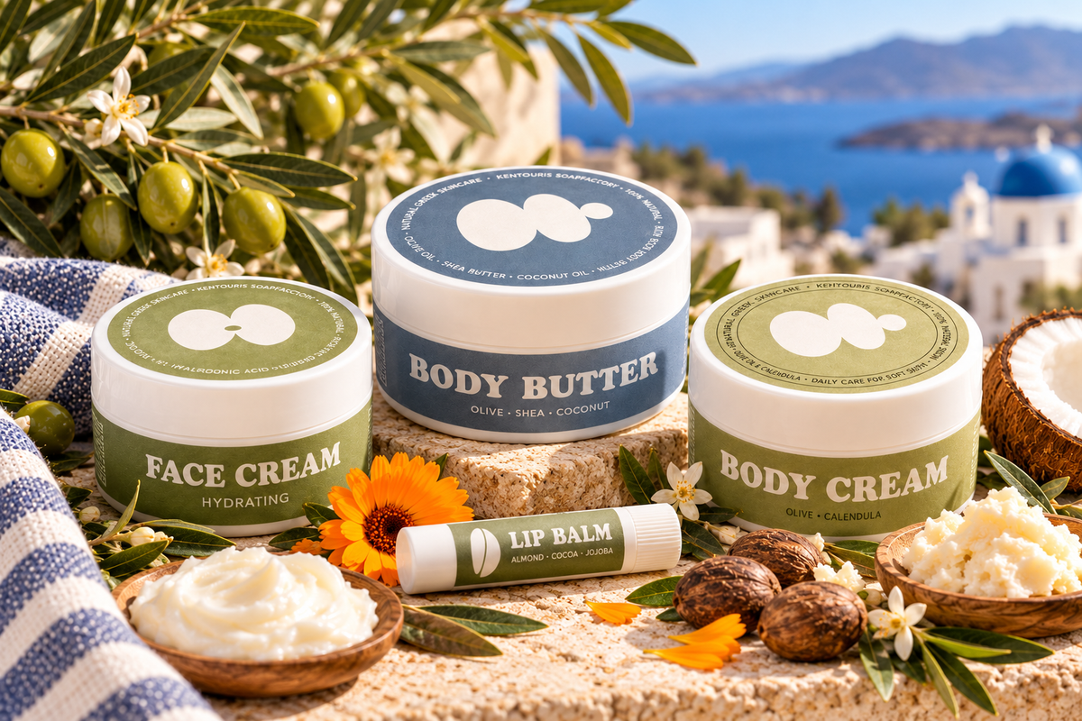 Kentouris Griekse Verzorgingsset – Face Cream, Body Cream & Body Butter + GRATIS Lippenbalsem t.w.v. € 5,50 🇬🇷
