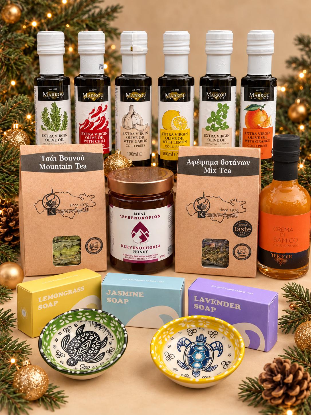 Luxe Grieks Kerstpakket – Mediterrane Verwennerij | Olijfolie, Honing, Thee & Olijfzeep