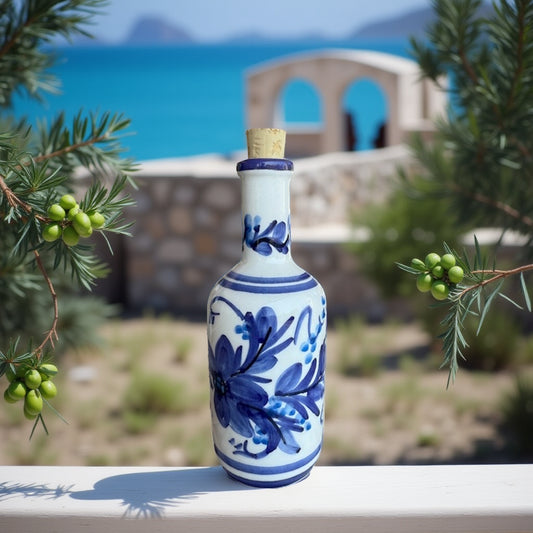Poppie Art Samos – Handgemaakte Olijfoliefles 250 ml, blauwe bloemen