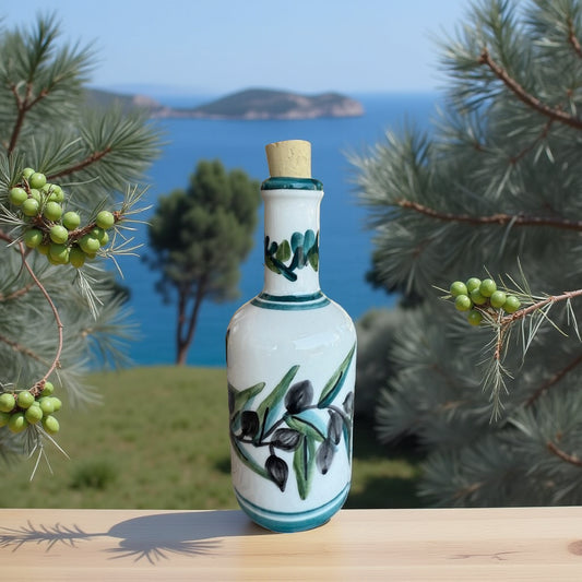 Poppie Art Samos – Handgemaakte Olijfoliefles 250 ml, Olijven