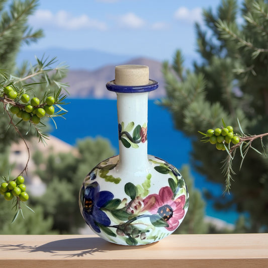 Poppie Art Samos – Handgemaakte Olijfoliefles 250 ml, Bloem Rond